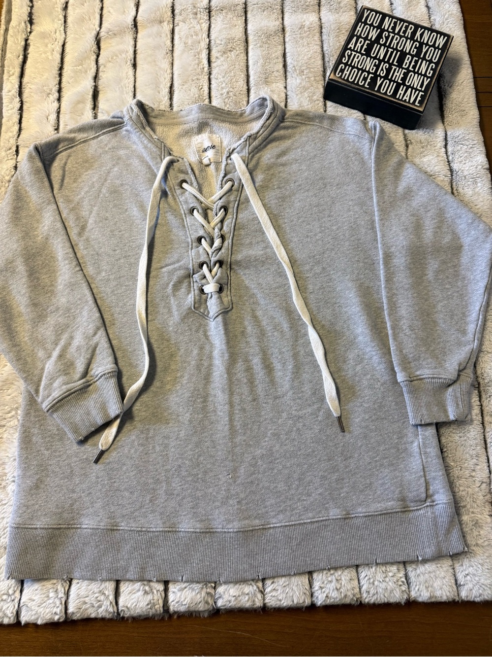 aerie Light Gray Lace-Up Pullover Sweatshirt